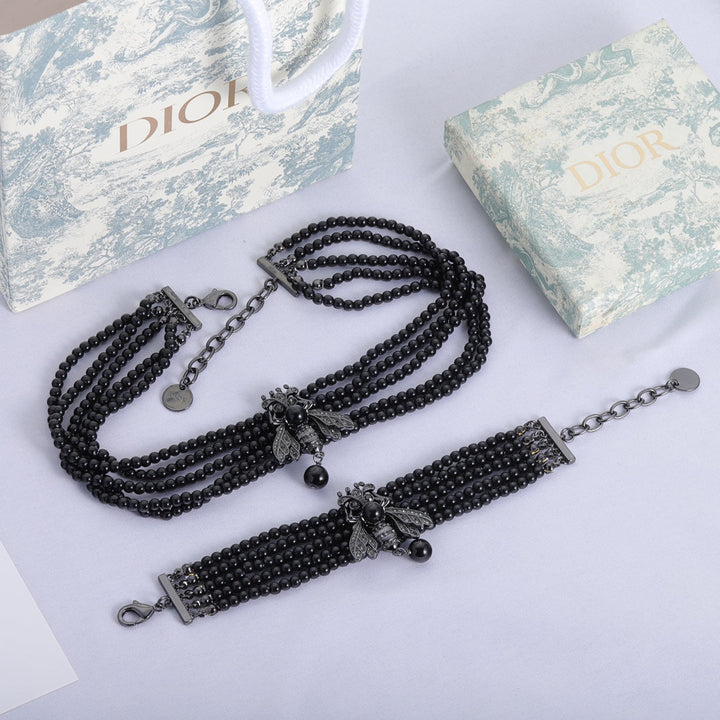 Fashion Black Dragonfly Black Bead Necklace Bracelet Set