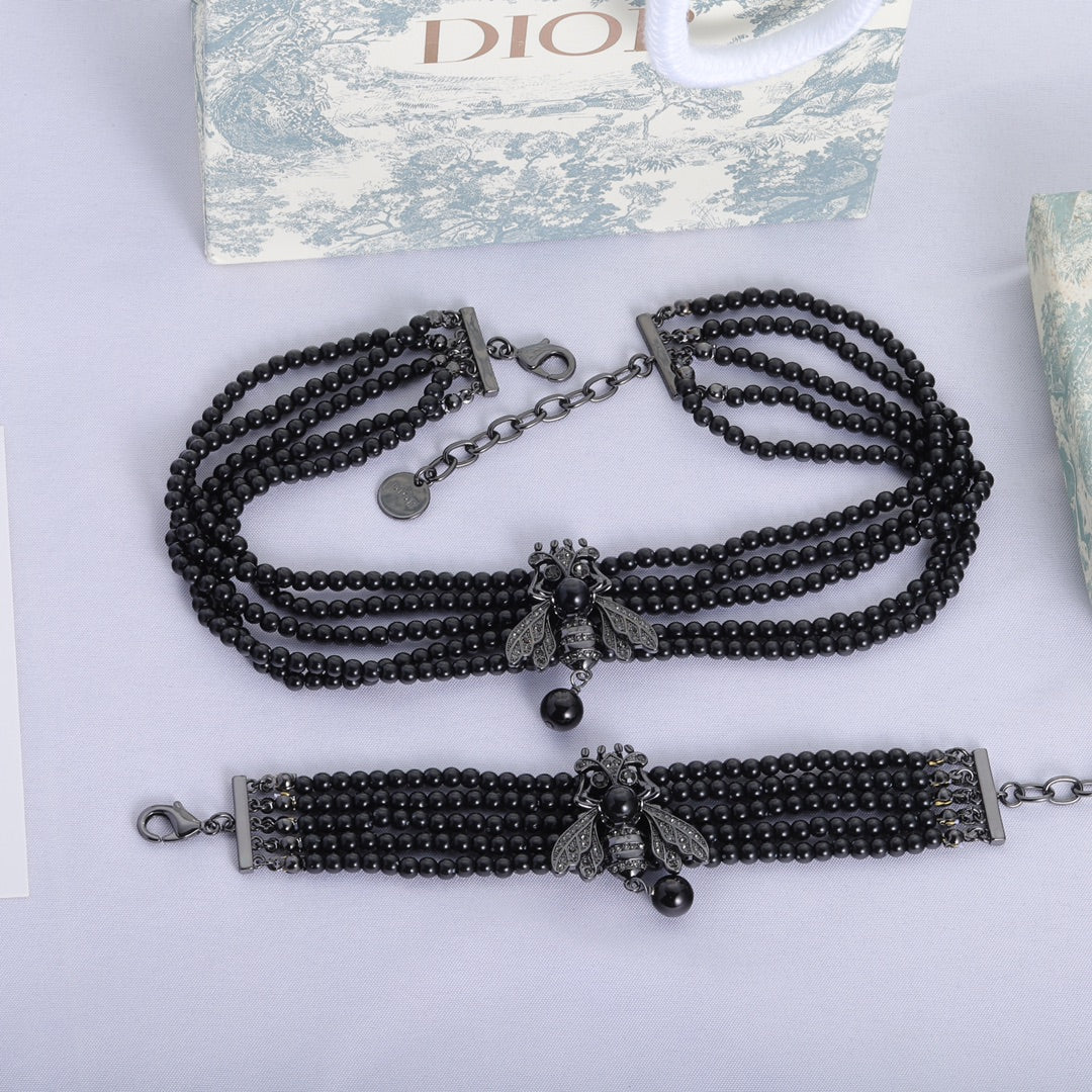 Fashion Black Dragonfly Black Bead Necklace Bracelet Set