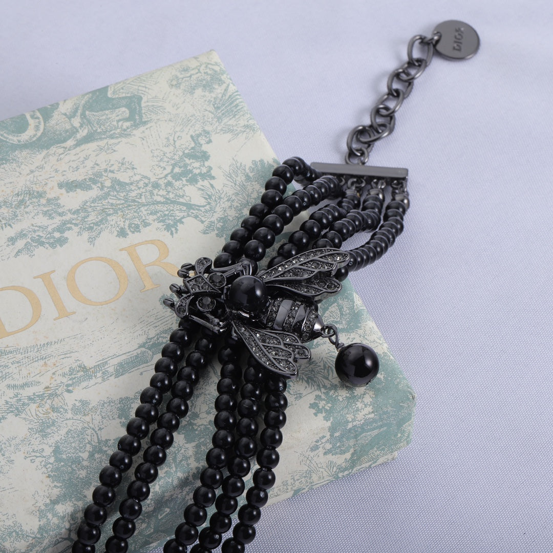 Fashion Black Dragonfly Black Bead Necklace Bracelet Set