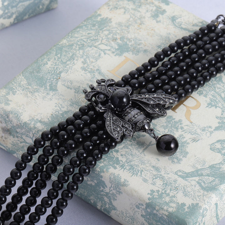 Fashion Black Dragonfly Black Bead Necklace Bracelet Set