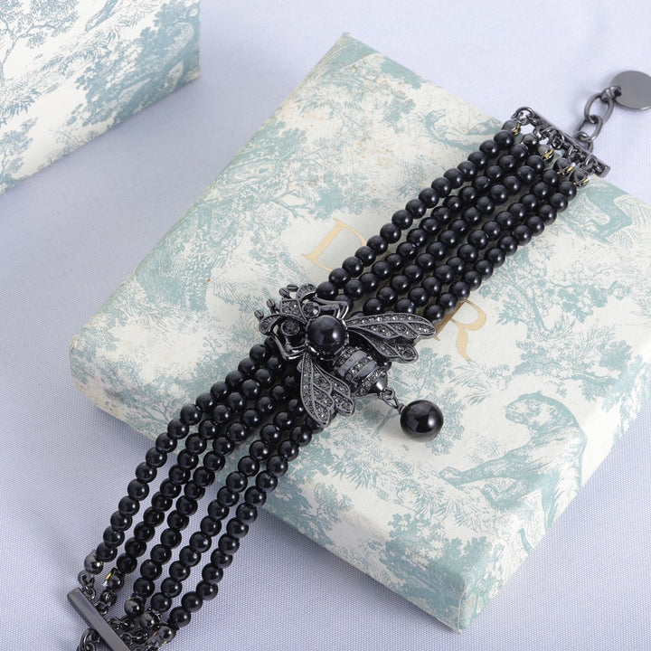 Fashion Black Dragonfly Black Bead Necklace Bracelet Set