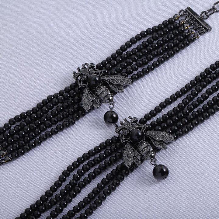 Fashion Black Dragonfly Black Bead Necklace Bracelet Set